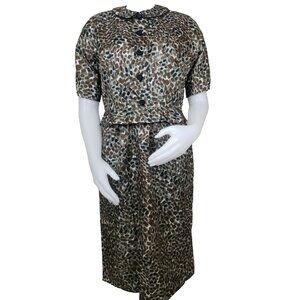 Vtg Dress Suit Set Womens Sz 16 Brown Spotted Wiggle Pin Up Peplum Jacket Belted